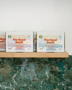 The Good Stuff Laundry Detergent Sheets in Linen and Unscented on a laundry shelf